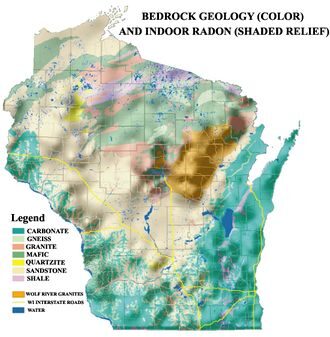 Wisconsin Map indicating Radon by Racine Radon 761 248th Ave, Kansasville, WI 53139 262-955-6699